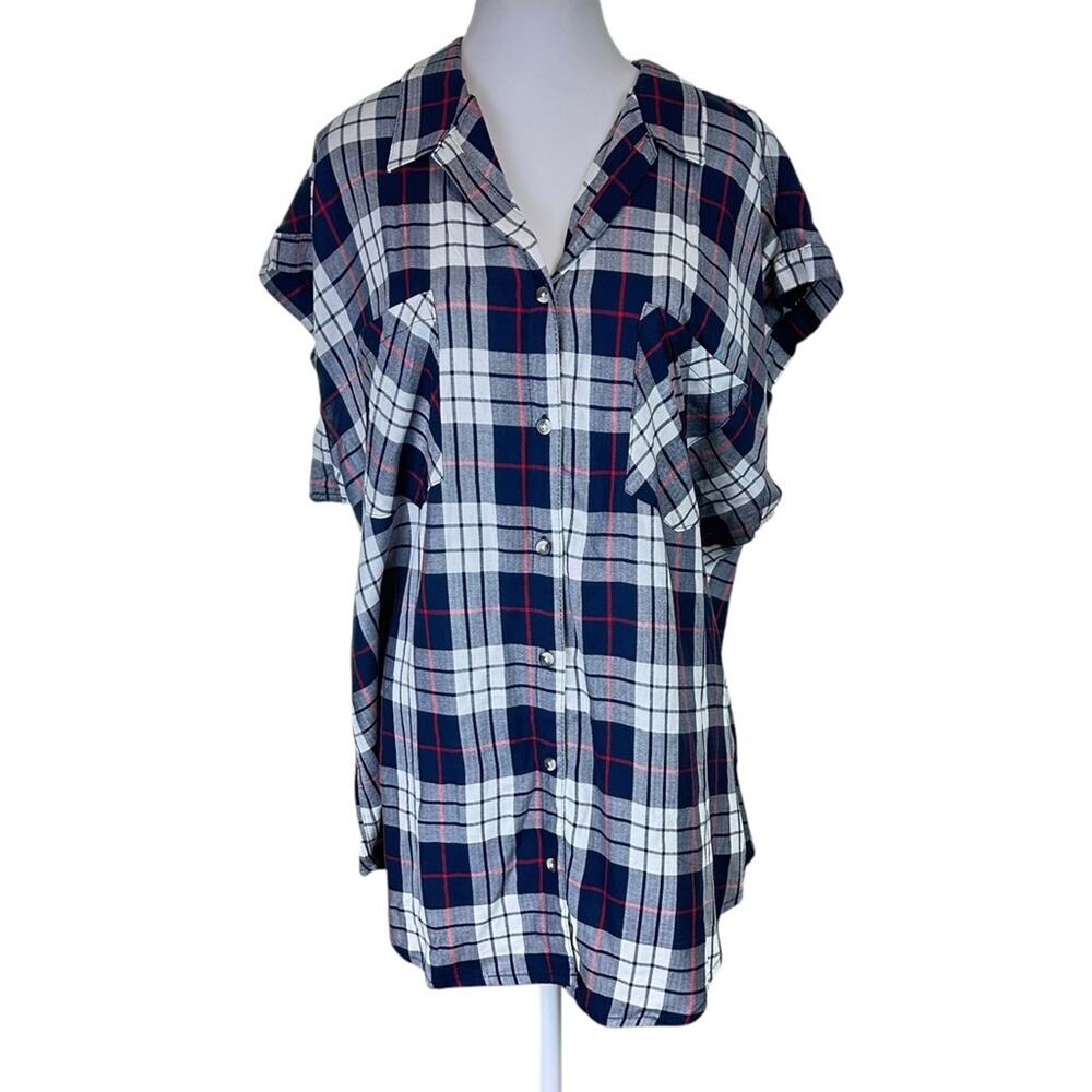 JACHS Girlfriend New York Plaid Button Front Top Size XXL Blue White Red NWOT